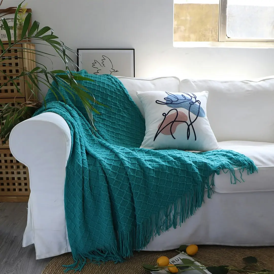 Soga Teal Diamond Pattern Knitted Throw Blanket Warm Cozy Woven Cover Couch Bed Sofa Home Decor with Tassels