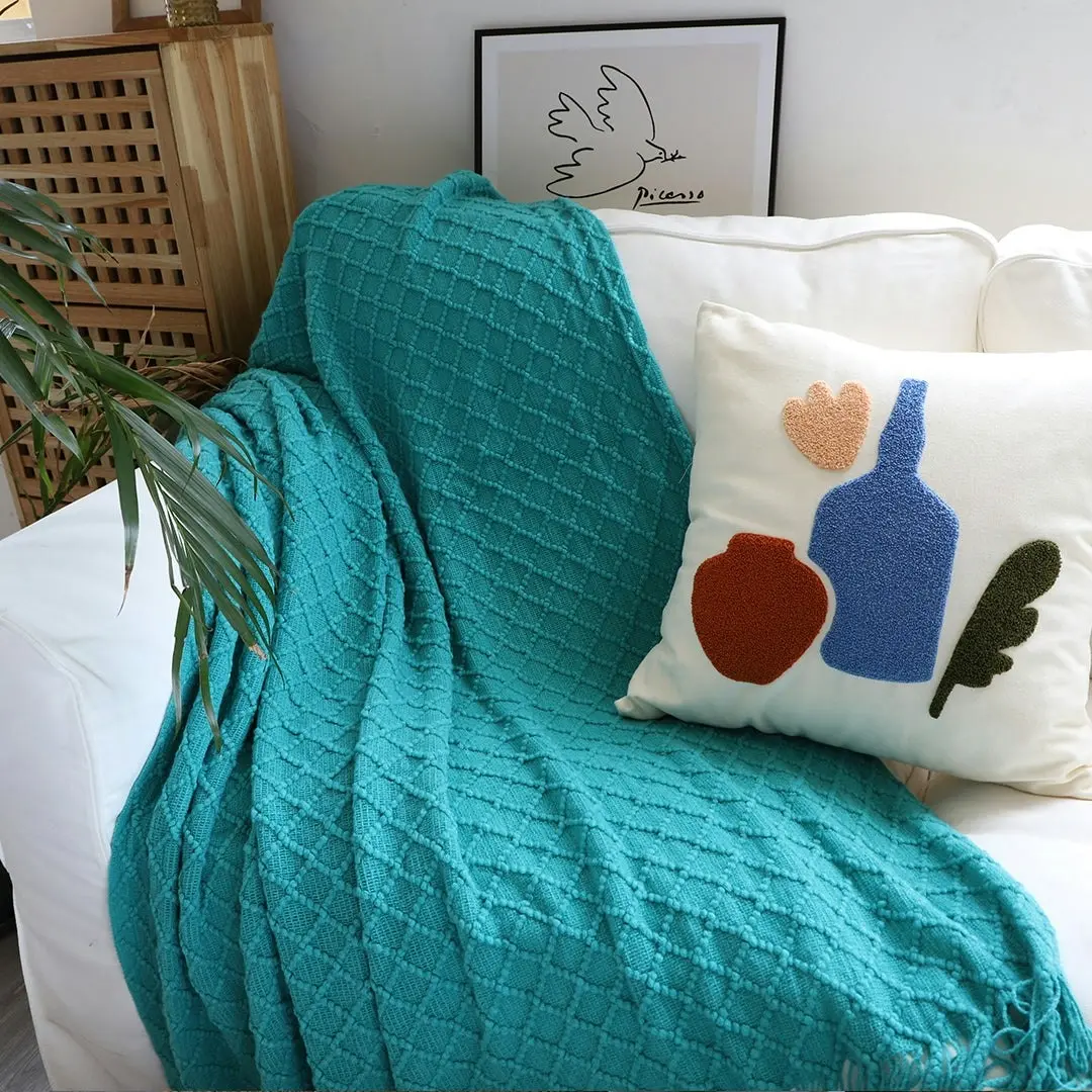 Soga Teal Diamond Pattern Knitted Throw Blanket Warm Cozy Woven Cover Couch Bed Sofa Home Decor with Tassels