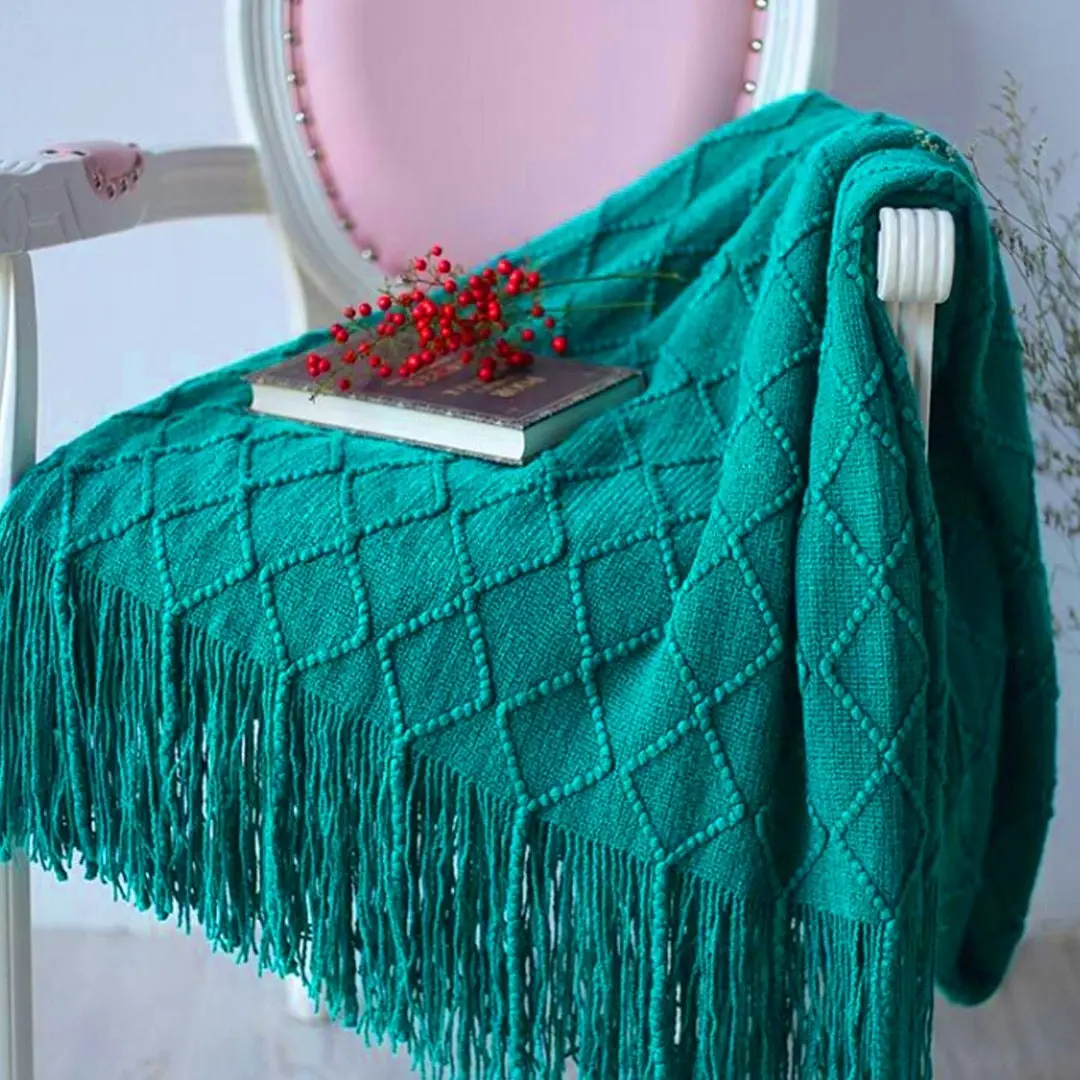 Soga Teal Diamond Pattern Knitted Throw Blanket Warm Cozy Woven Cover Couch Bed Sofa Home Decor with Tassels