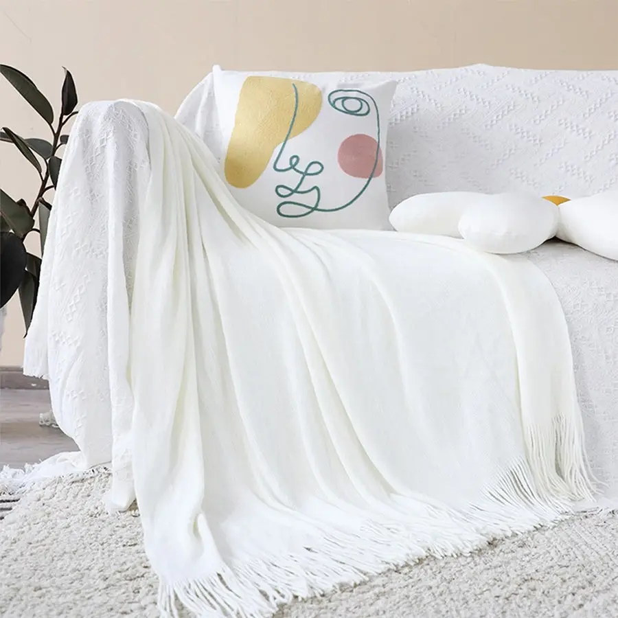 Soga White Acrylic Knitted Throw Blanket Solid Fringed Warm Cozy Woven Cover Couch Bed Sofa Home Decor