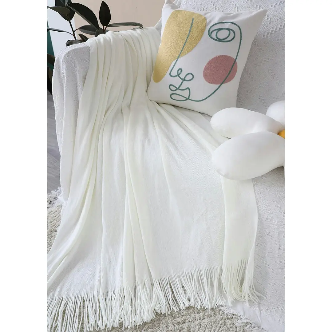 Soga White Acrylic Knitted Throw Blanket Solid Fringed Warm Cozy Woven Cover Couch Bed Sofa Home Decor