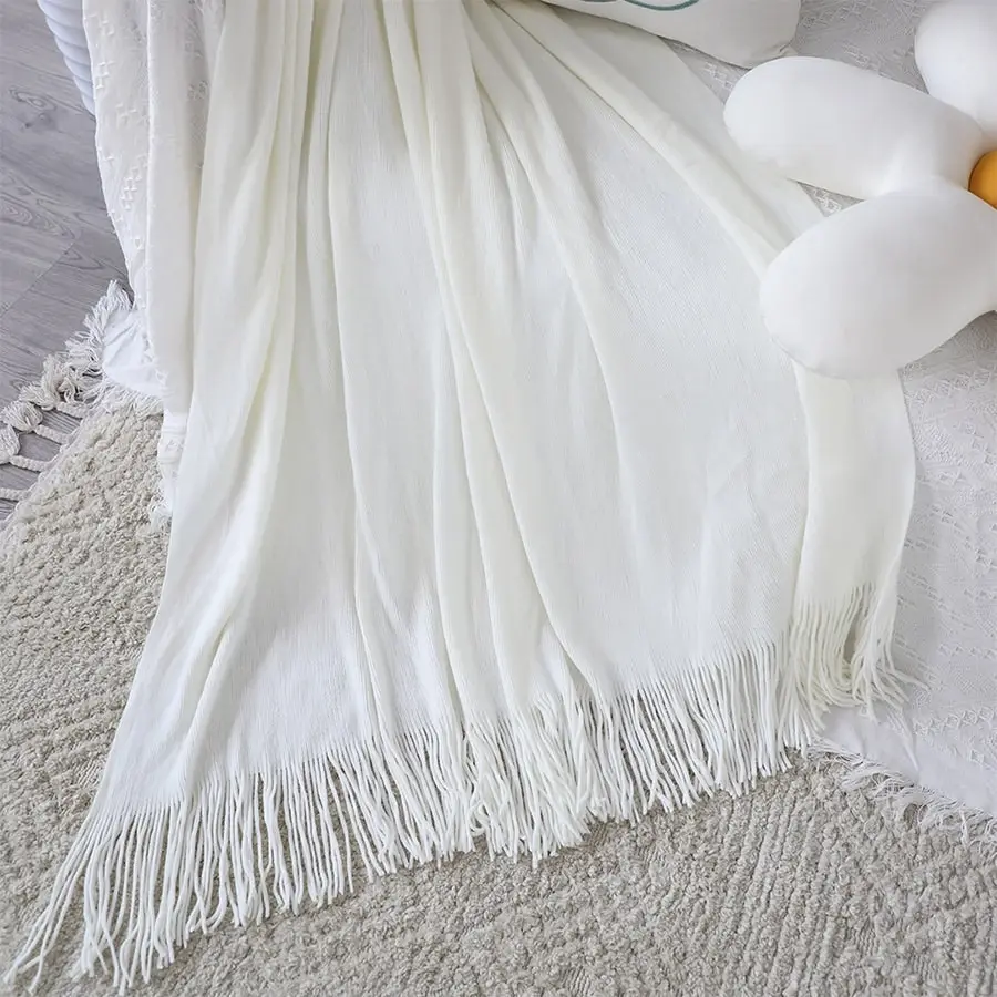 Soga White Acrylic Knitted Throw Blanket Solid Fringed Warm Cozy Woven Cover Couch Bed Sofa Home Decor