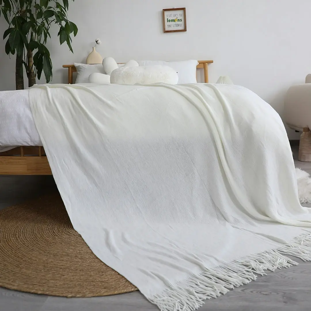 Soga White Acrylic Knitted Throw Blanket Solid Fringed Warm Cozy Woven Cover Couch Bed Sofa Home Decor