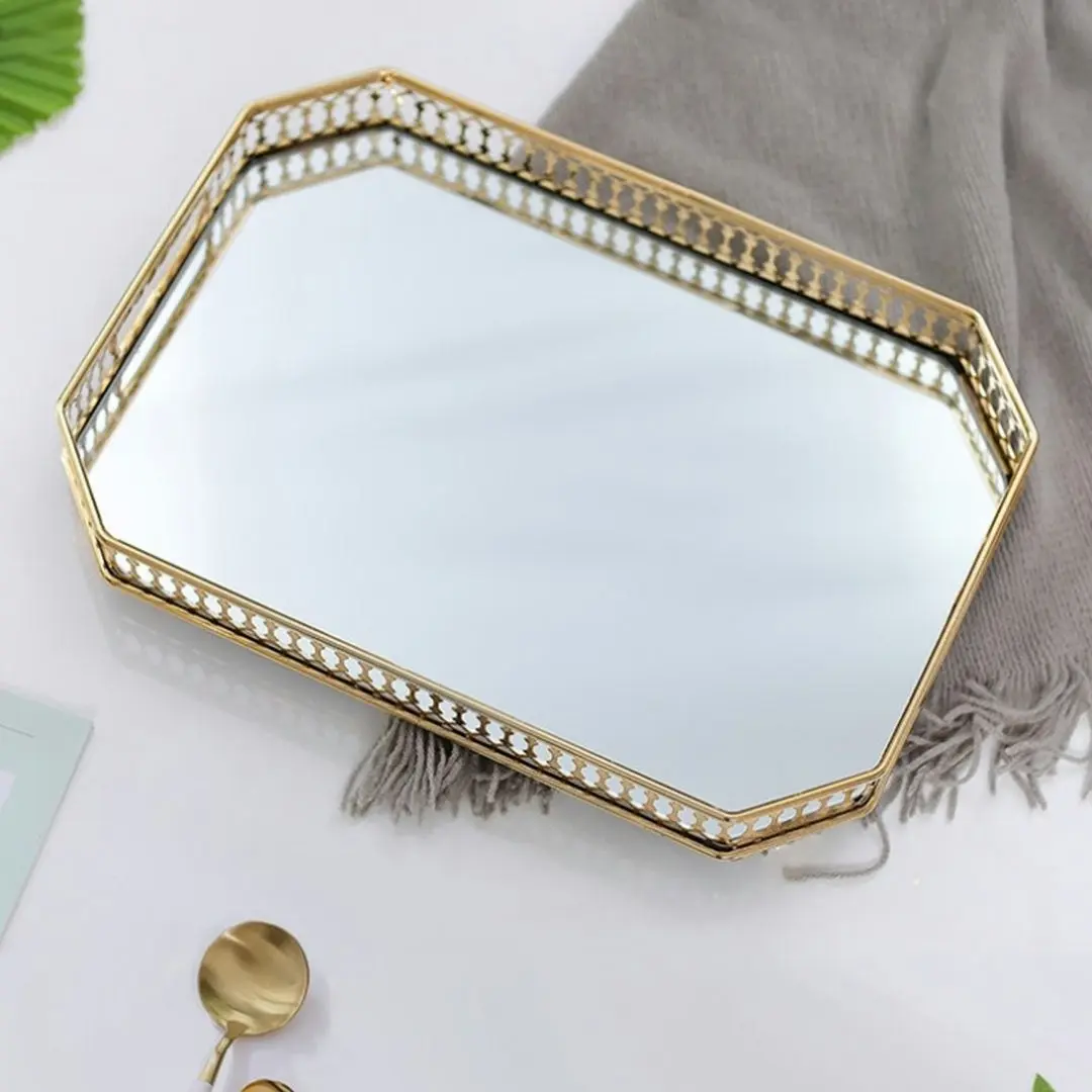 Soga 35cm Gold Rectangle Ornate Mirror Glass Metal Tray Vanity Makeup Perfume Jewelry Organiser with Handles