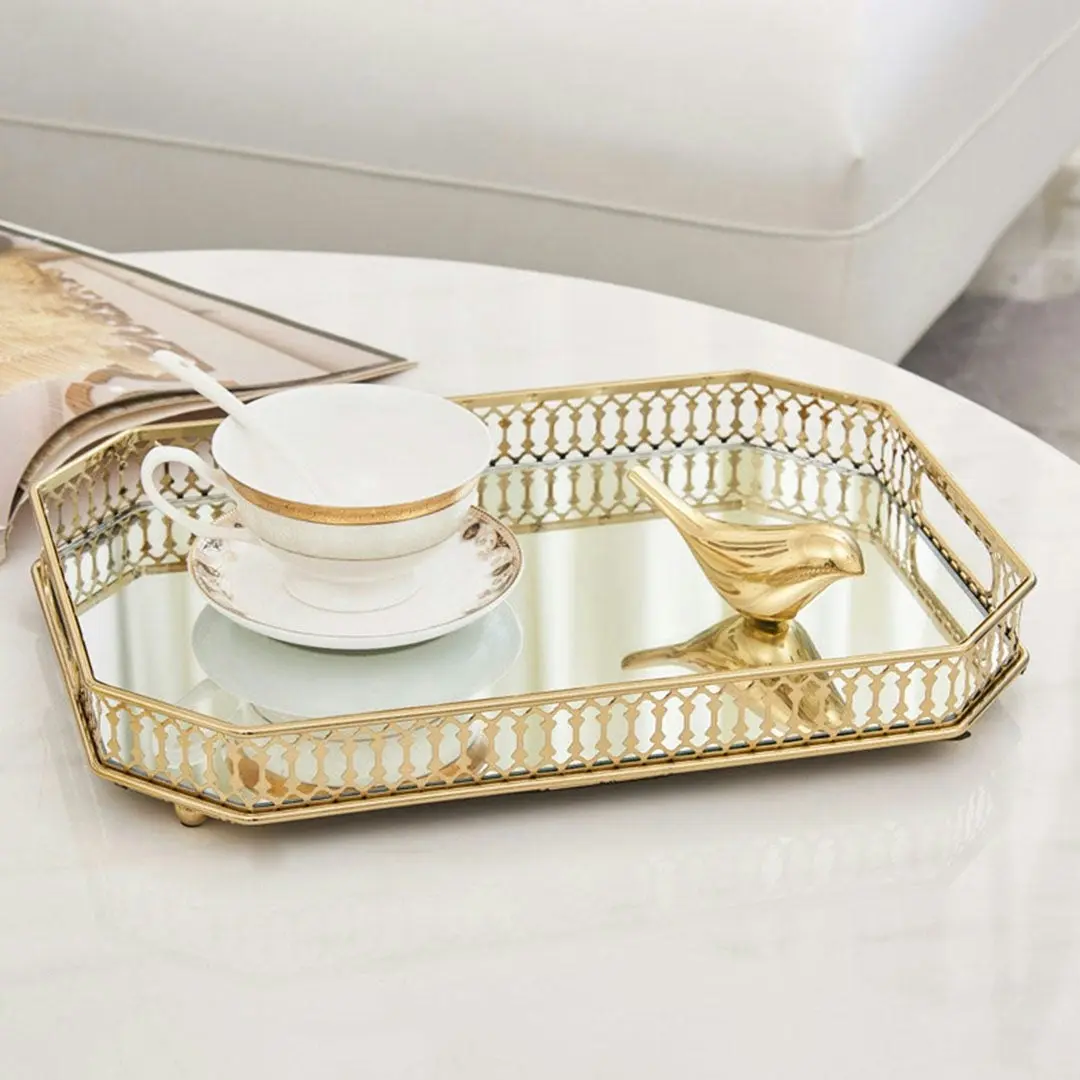 Soga 35cm Gold Rectangle Ornate Mirror Glass Metal Tray Vanity Makeup Perfume Jewelry Organiser with Handles