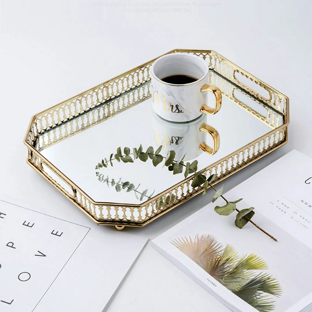 Soga 35cm Gold Rectangle Ornate Mirror Glass Metal Tray Vanity Makeup Perfume Jewelry Organiser with Handles