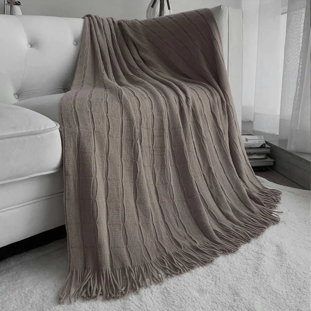 Soga Coffee Textured Knitted Throw Blanket Warm Cozy Woven Cover Couch Bed Sofa Home Decor with Tassels