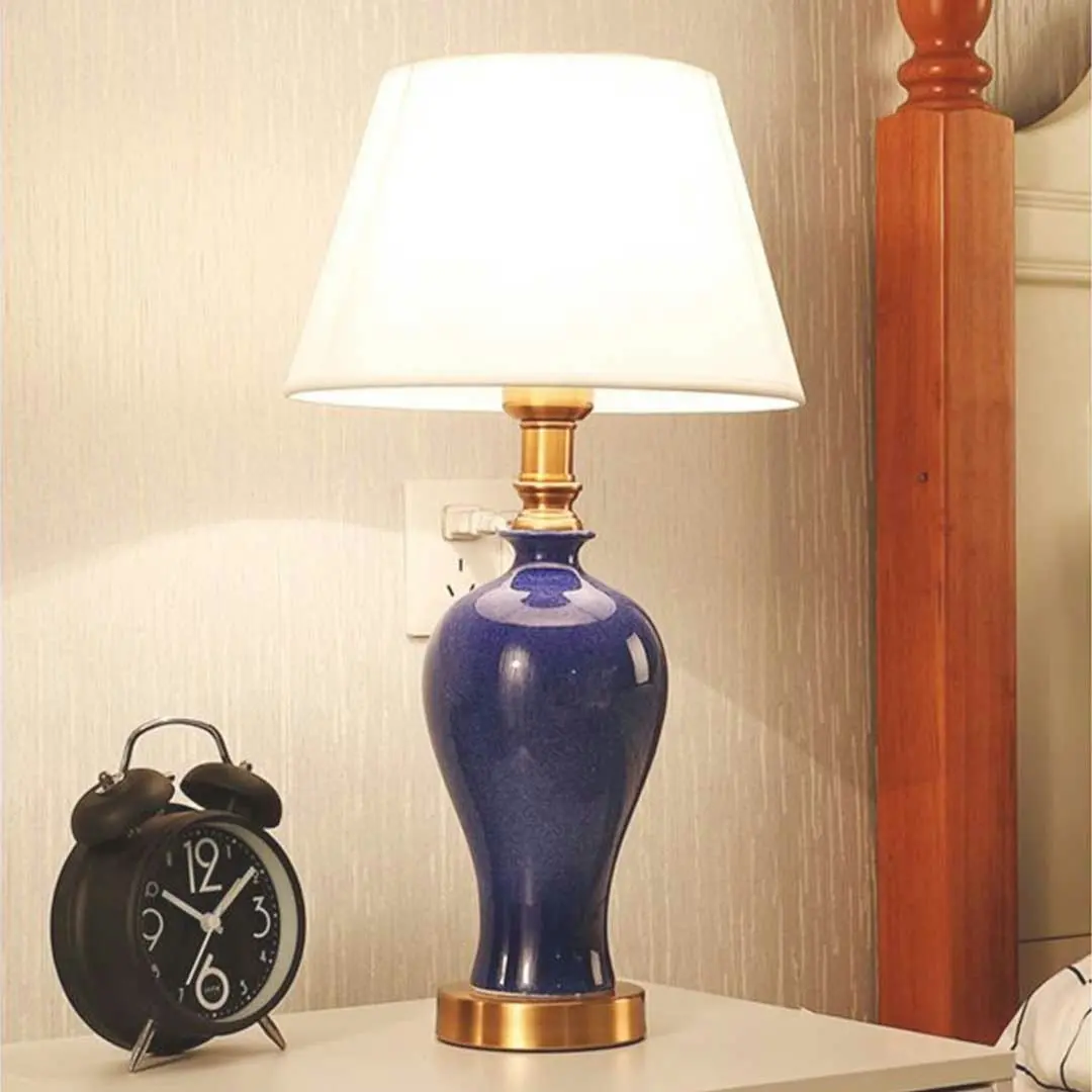 Soga Blue Ceramic Oval Table Lamp with Gold Metal Base