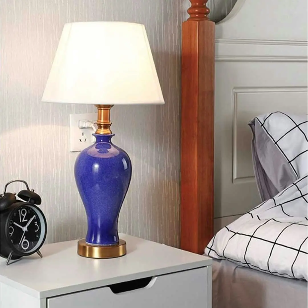 Soga Blue Ceramic Oval Table Lamp with Gold Metal Base