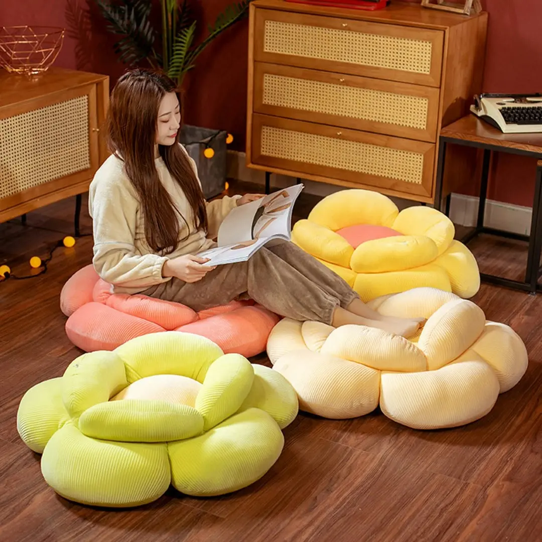 Soga Yellow Double Flower Shape Cushion Soft Bedside Floor Plush Pillow Home Decor