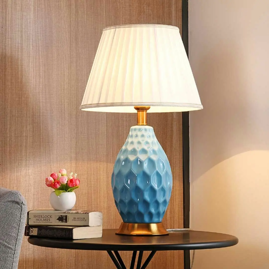 Soga Textured Ceramic Oval Table Lamp with Gold Metal Base Blue