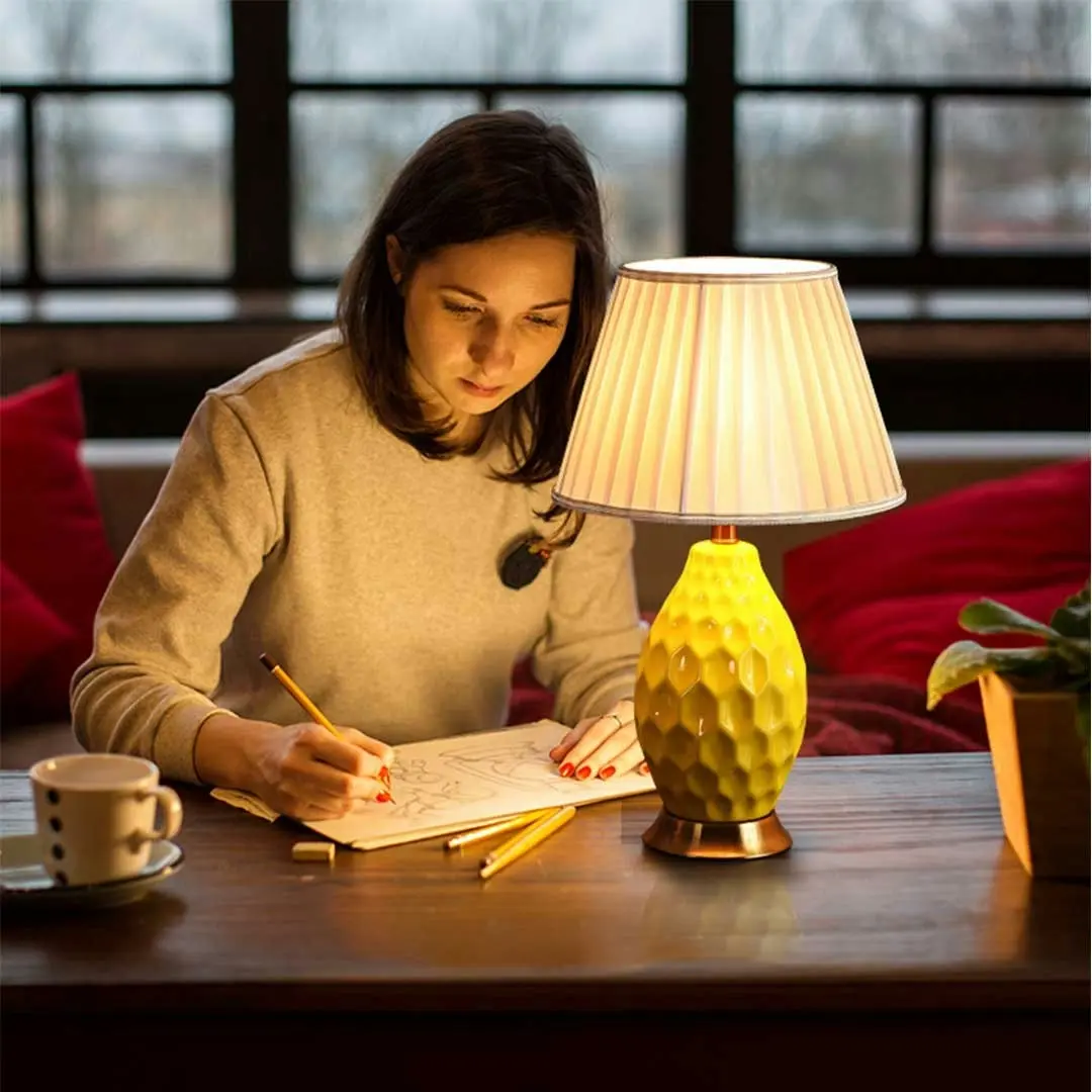 Soga Textured Ceramic Oval Table Lamp with Gold Metal Base Blue