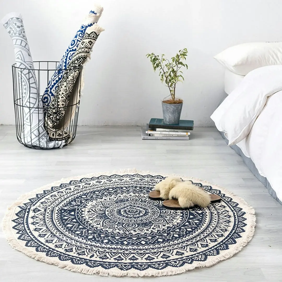 Soga Black Carpet Soft Linen Bohemian Non-Slip Floor Retro Minimalist Round Rug Home Decor with Tassels