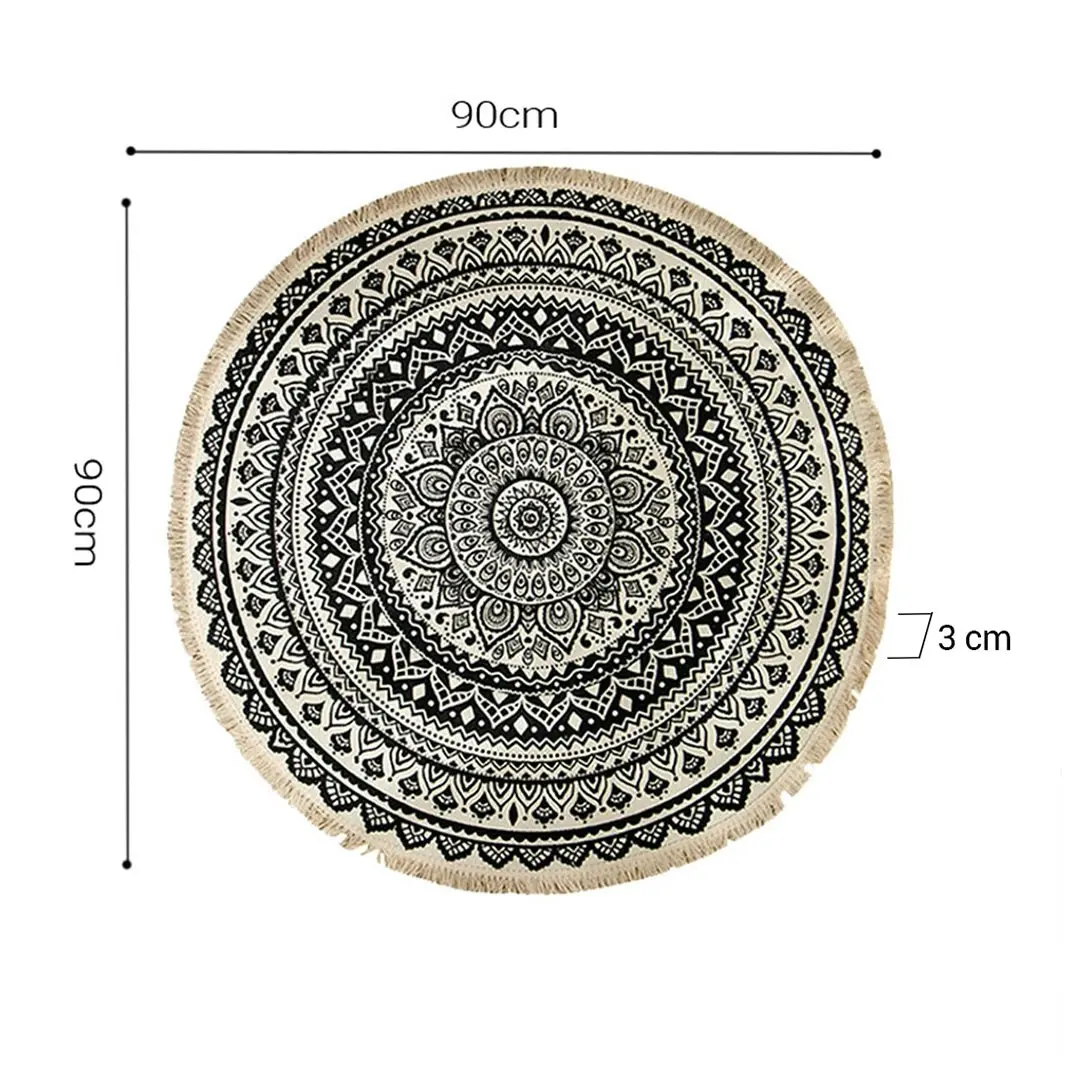 Soga Black Carpet Soft Linen Bohemian Non-Slip Floor Retro Minimalist Round Rug Home Decor with Tassels