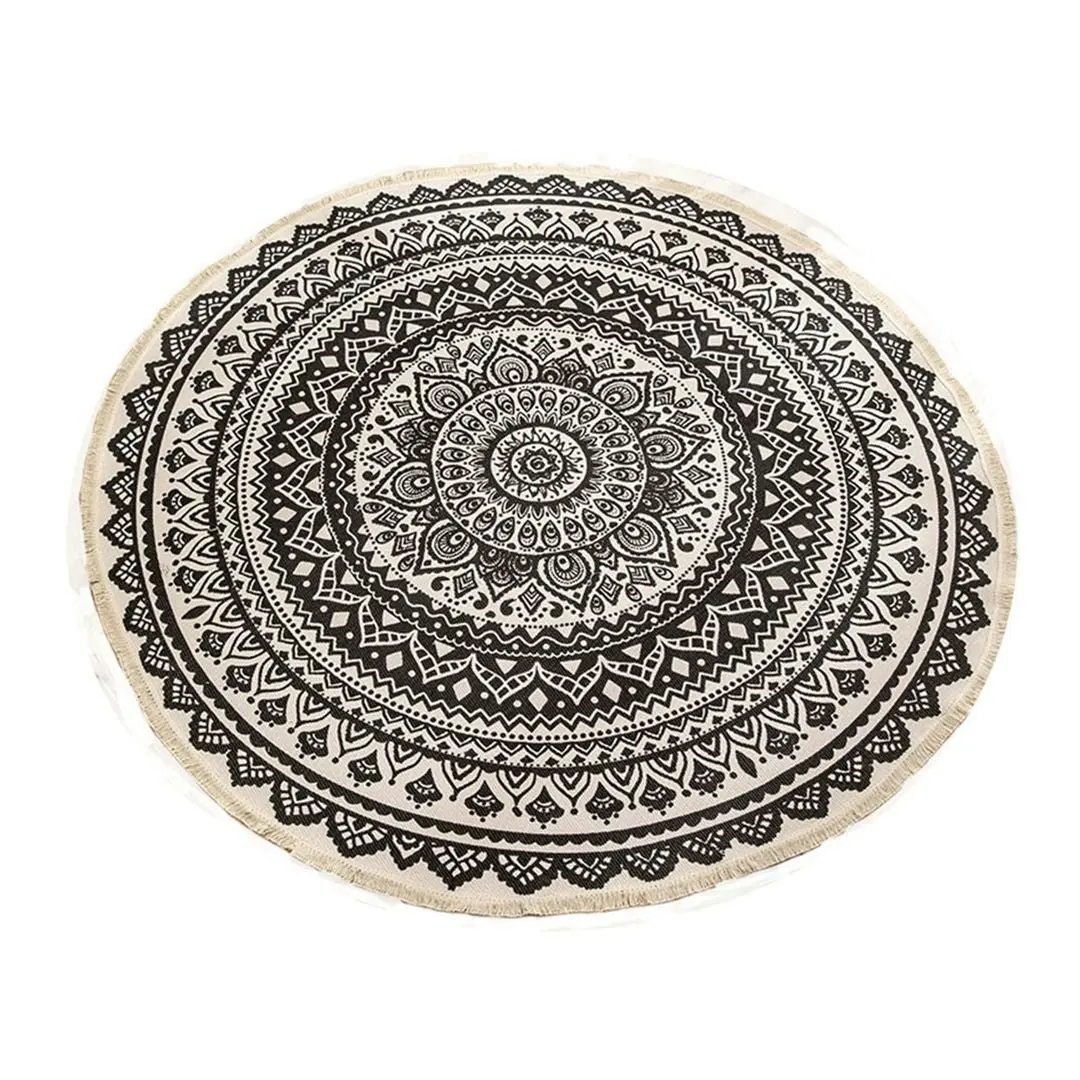 Soga Black Carpet Soft Linen Bohemian Non-Slip Floor Retro Minimalist Round Rug Home Decor with Tassels