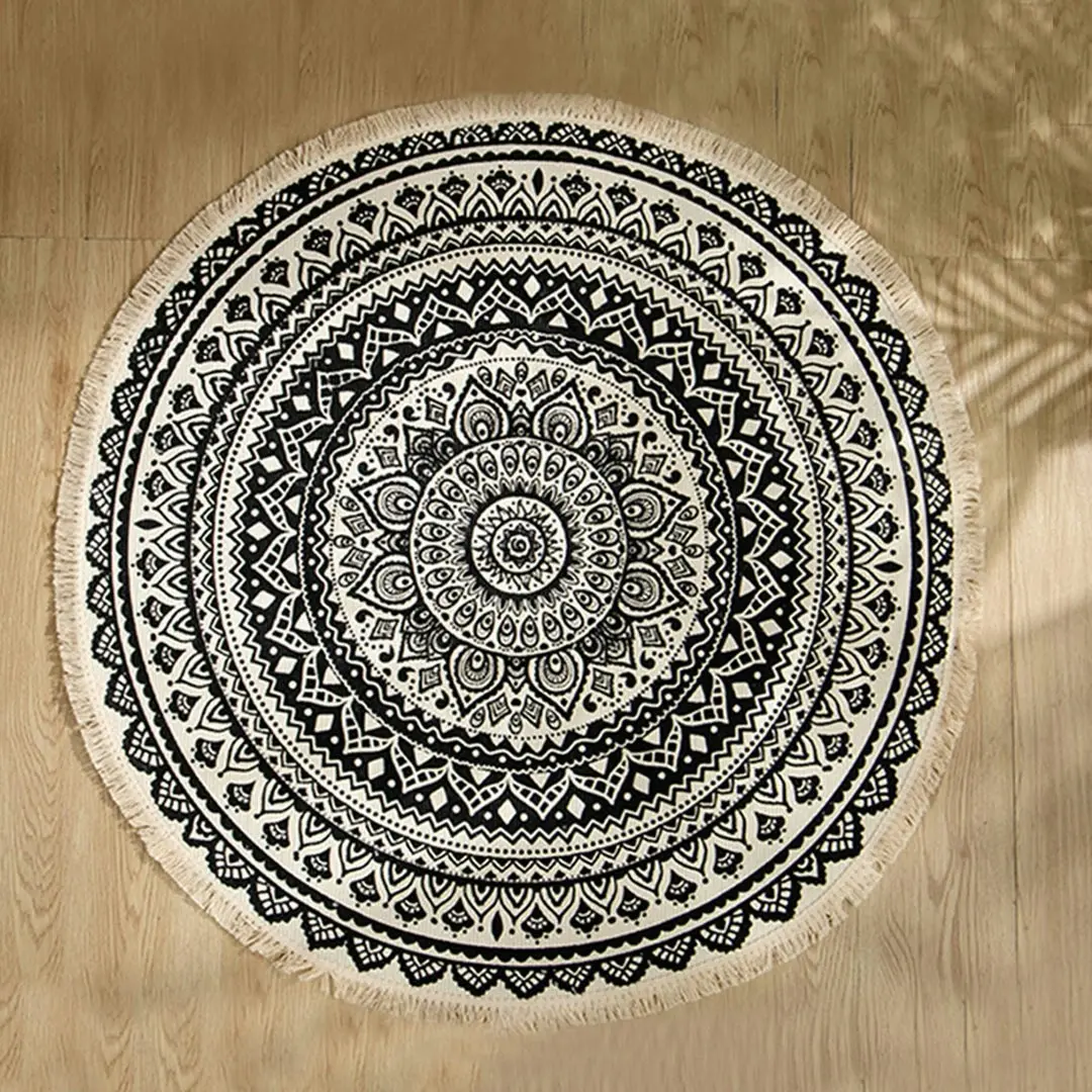 Soga Black Carpet Soft Linen Bohemian Non-Slip Floor Retro Minimalist Round Rug Home Decor with Tassels