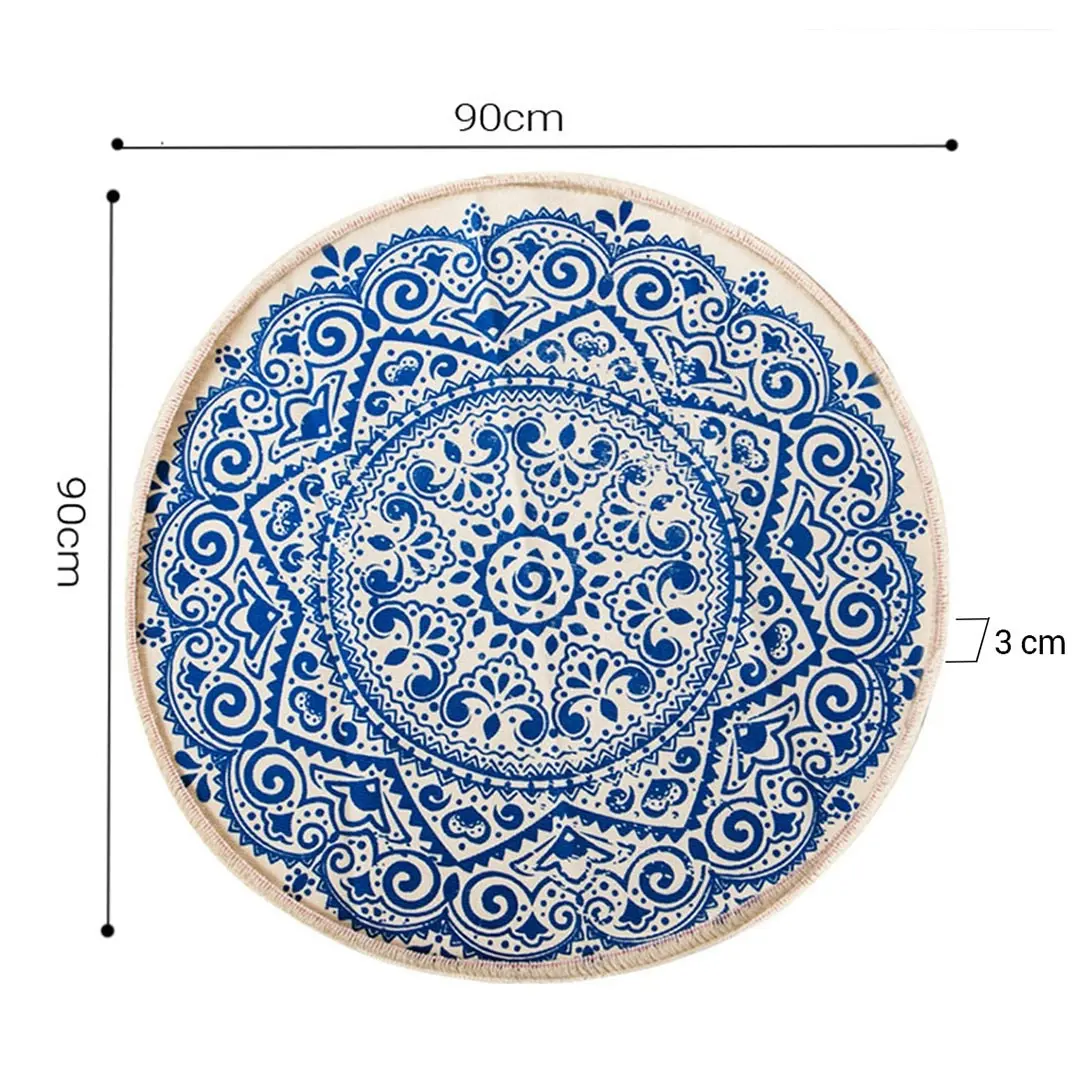 Soga Blue Carpet Soft Linen Bohemian Non-Slip Floor Retro Minimalist Round Rug Home Decor with Tassels