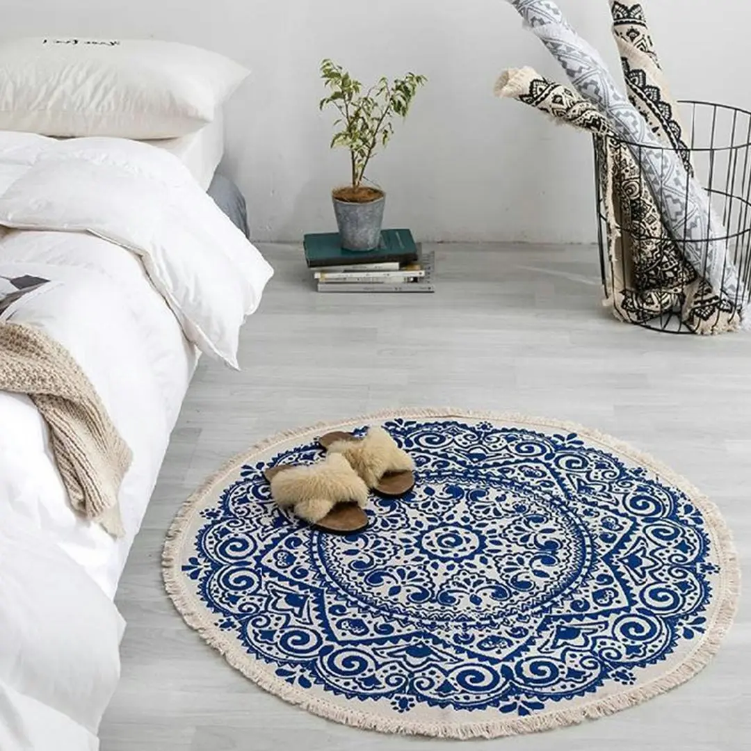 Soga Blue Carpet Soft Linen Bohemian Non-Slip Floor Retro Minimalist Round Rug Home Decor with Tassels