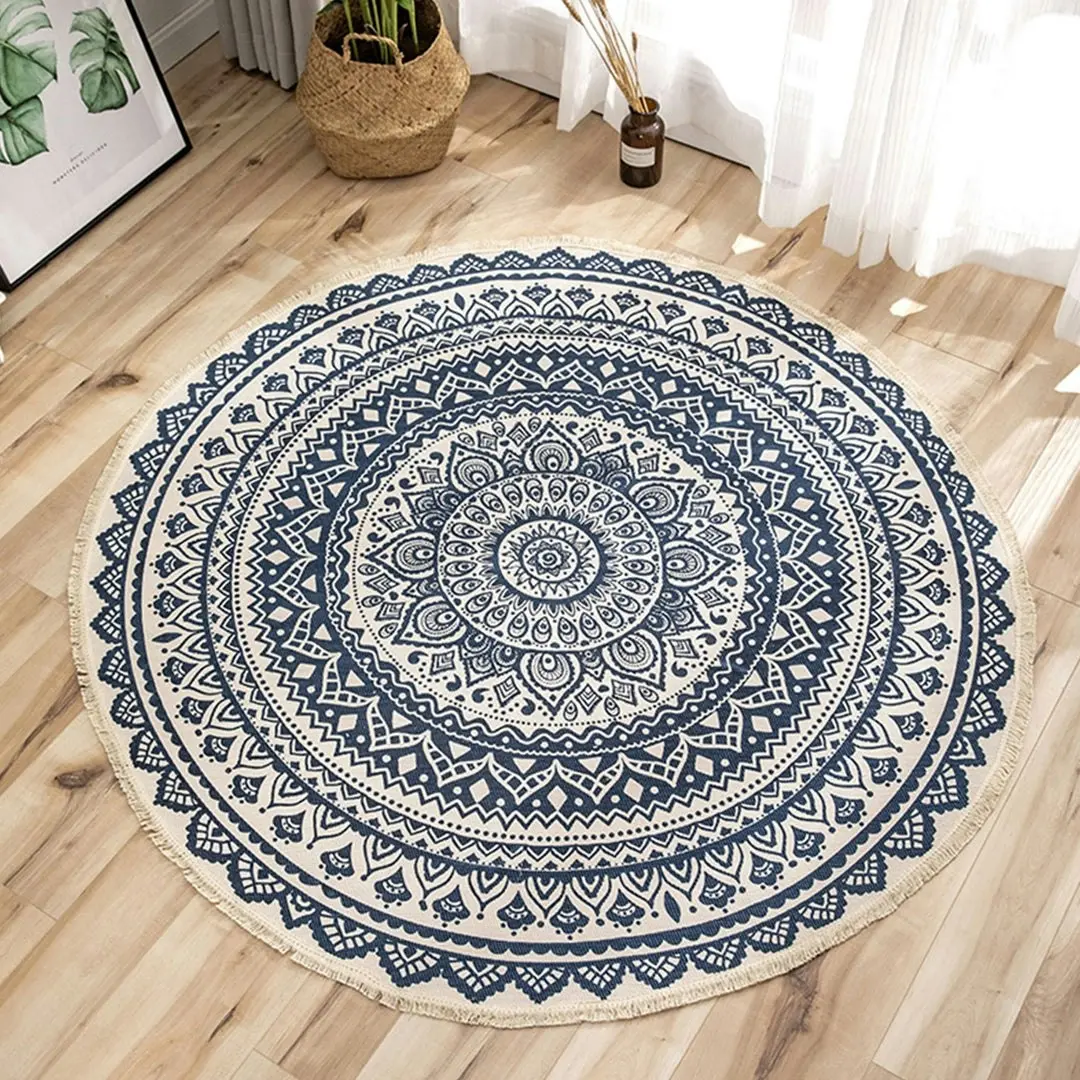 Soga Dark Blue Carpet Soft Linen Bohemian Non-Slip Floor Retro Minimalist Round Rug Home Decor with Tassels