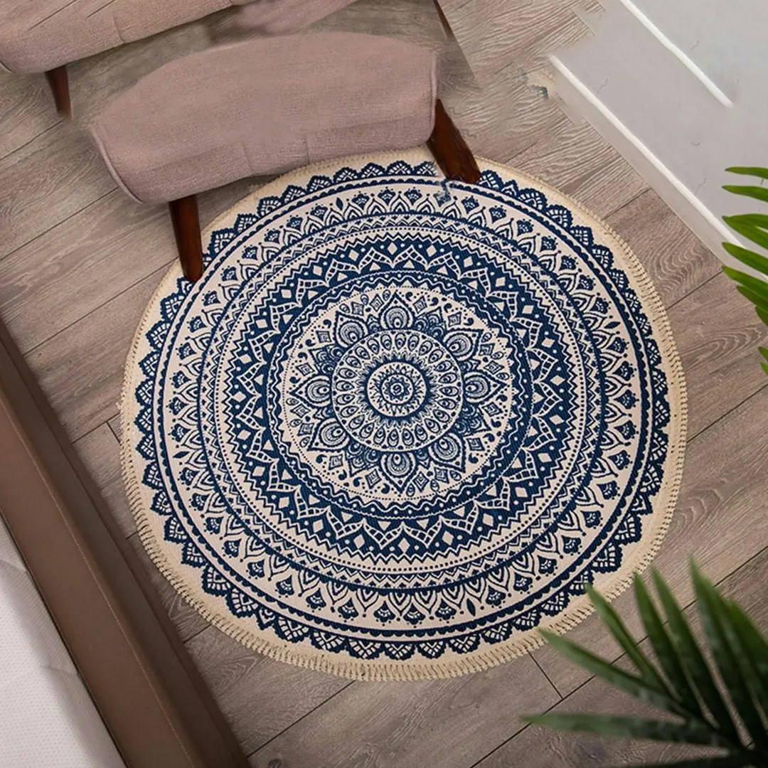 Soga Dark Blue Carpet Soft Linen Bohemian Non-Slip Floor Retro Minimalist Round Rug Home Decor with Tassels