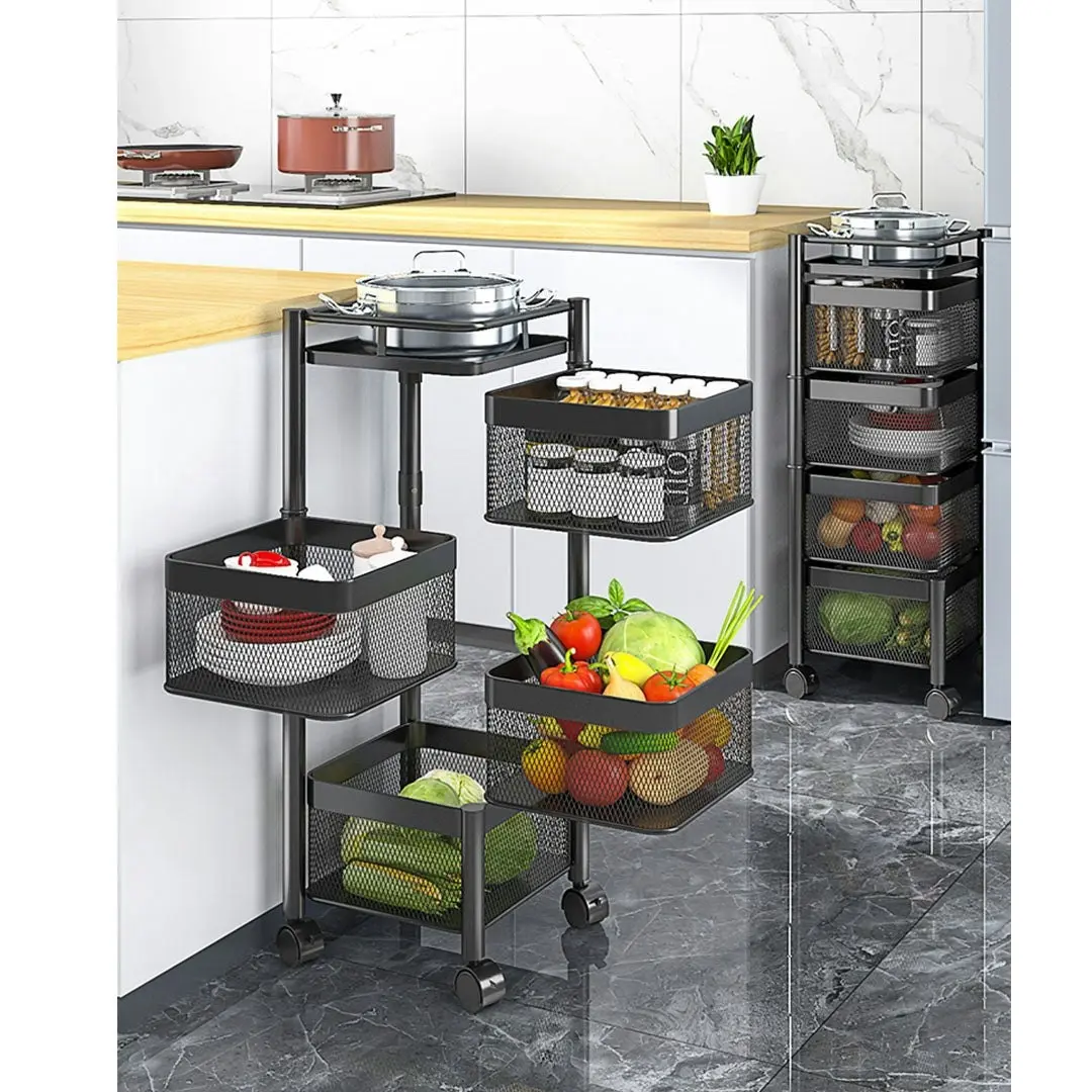 Soga 4 Tier Steel Square Rotating Kitchen Cart Multi-Functional Shelves Storage Organizer with Wheels