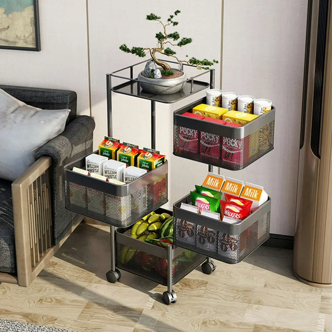 Soga 4 Tier Steel Square Rotating Kitchen Cart Multi-Functional Shelves Storage Organizer with Wheels