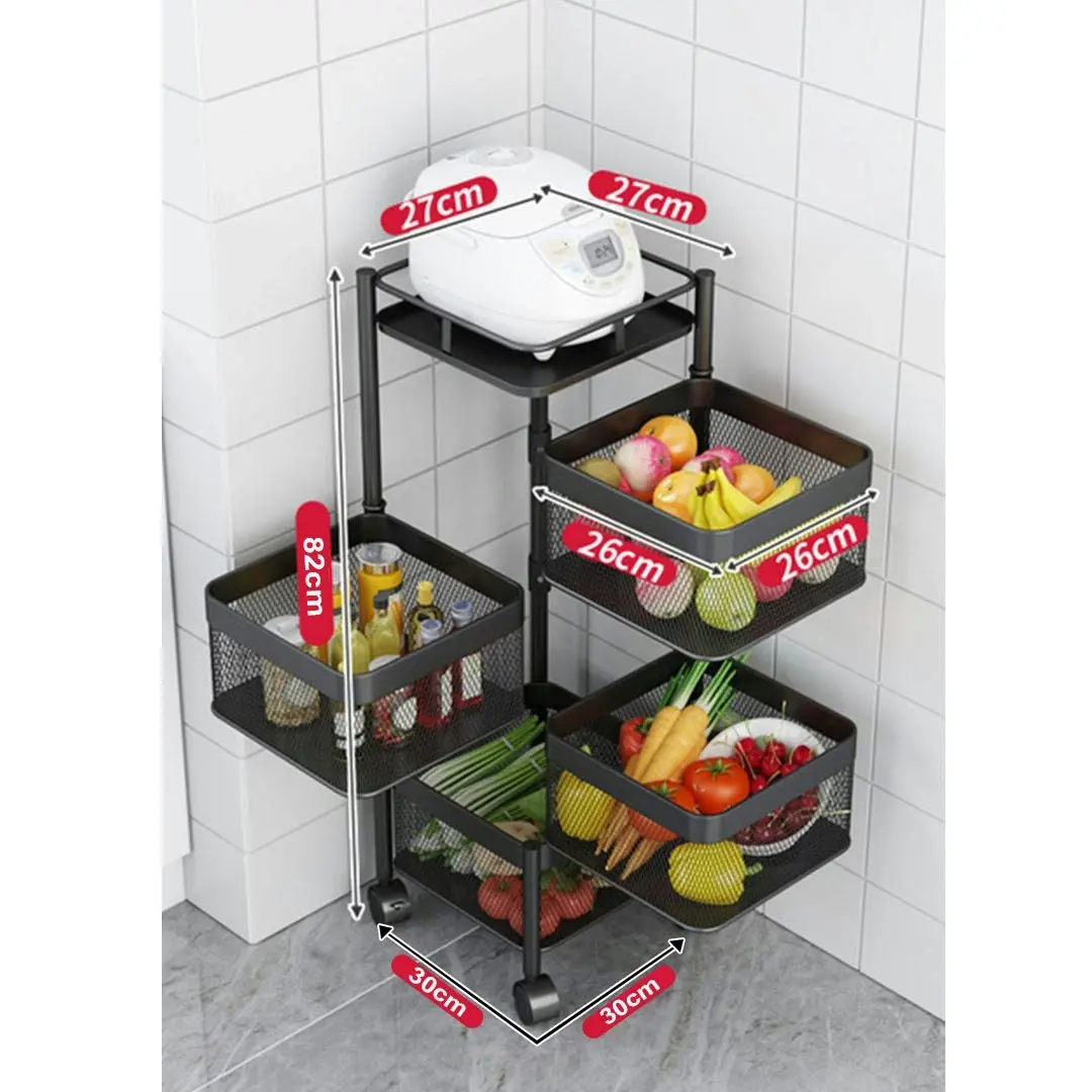 Soga 4 Tier Steel Square Rotating Kitchen Cart Multi-Functional Shelves Storage Organizer with Wheels