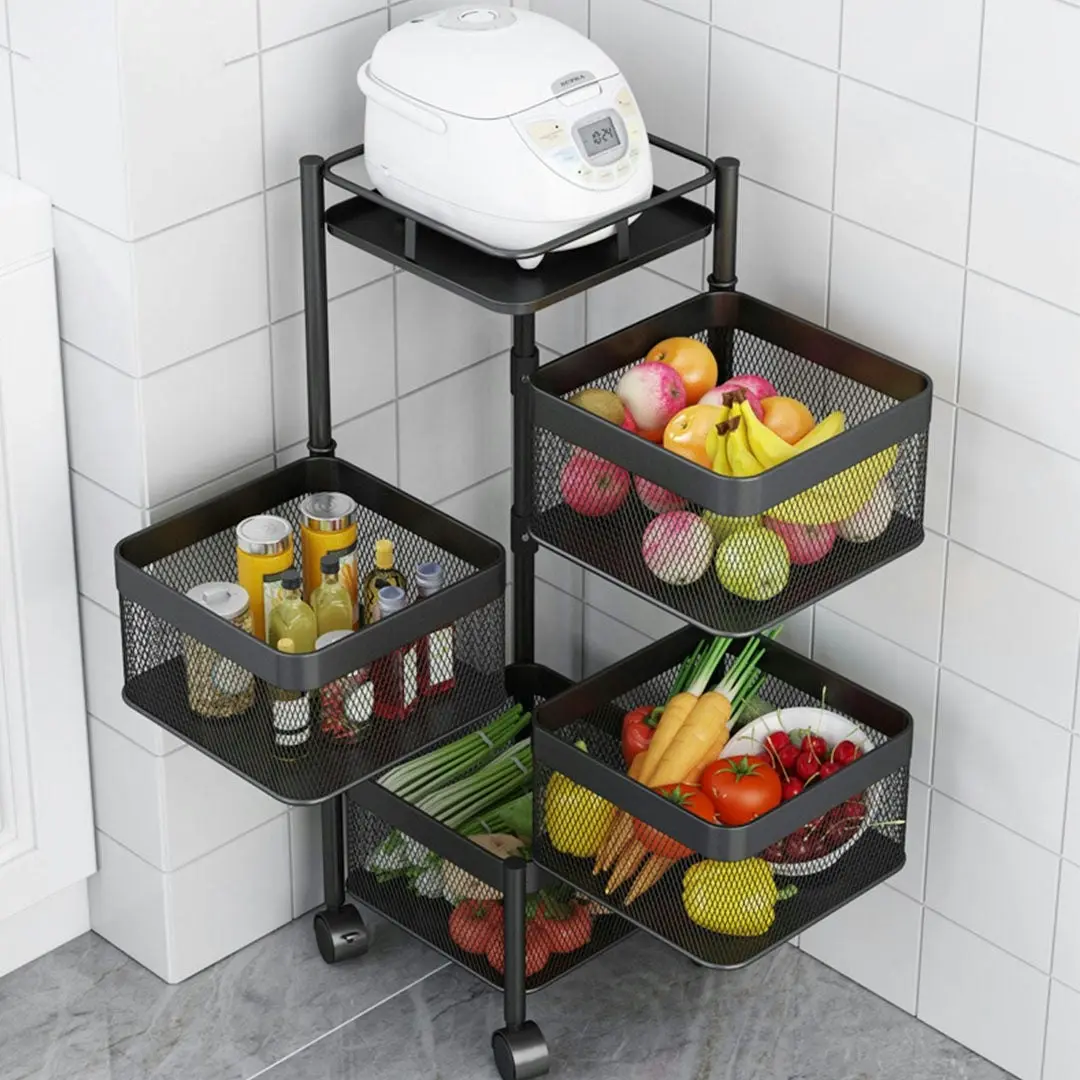 Soga 4 Tier Steel Square Rotating Kitchen Cart Multi-Functional Shelves Storage Organizer with Wheels