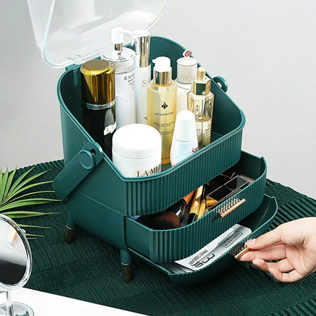 Soga 29cm Green Countertop Makeup Cosmetic Storage Organiser Skincare Holder Jewelry Storage Box with Handle