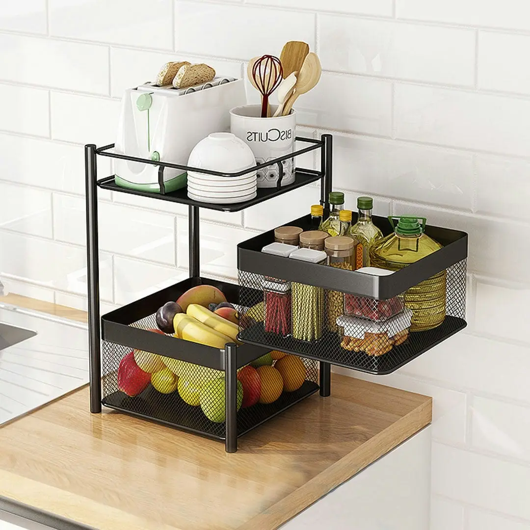 Soga 2 Tier Steel Square Rotating Kitchen Cart Multi-Functional Shelves Storage Organizer with Wheels