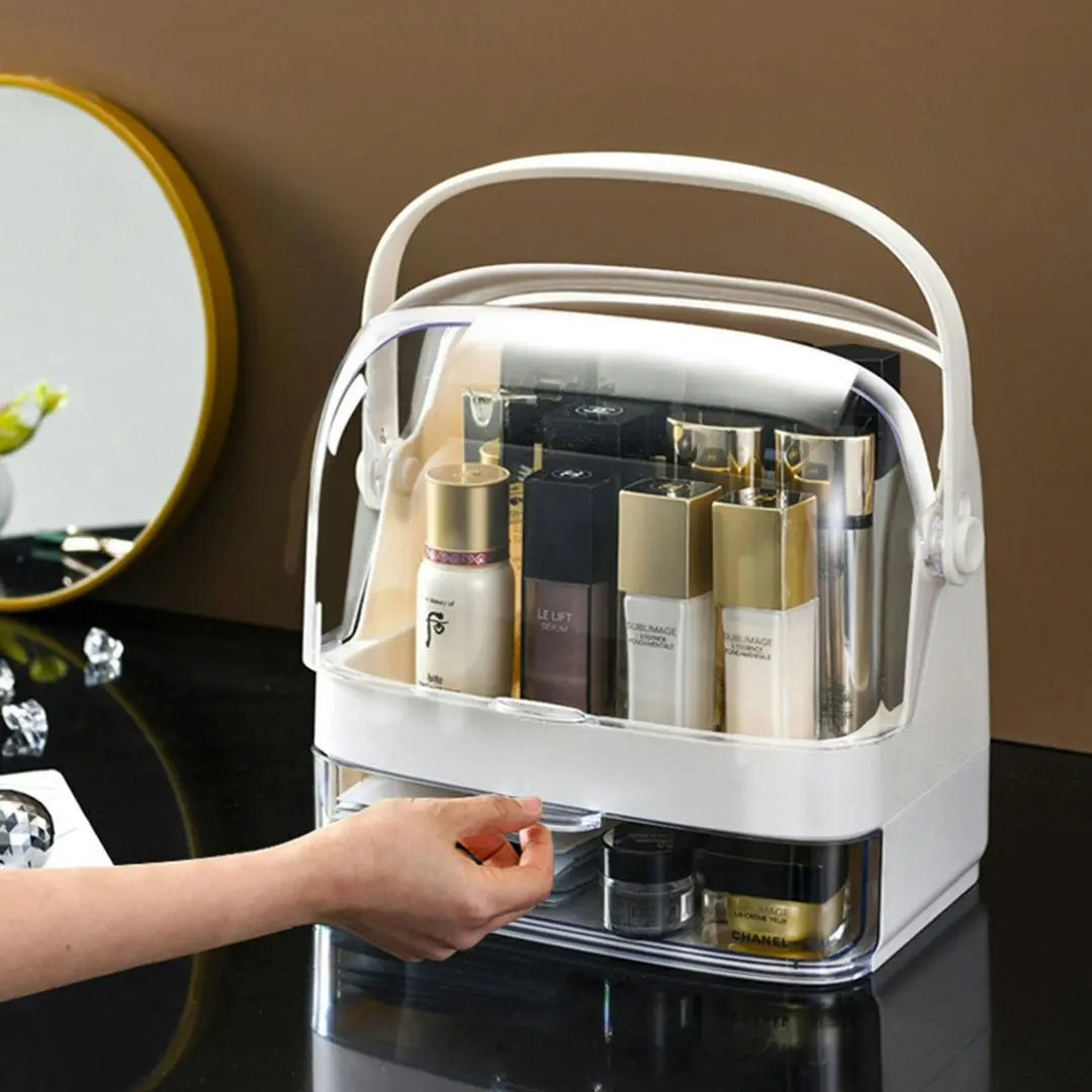 Soga 2 Tier White Countertop Makeup Cosmetic Storage Organiser Skincare Holder Jewelry Storage Box with Handle