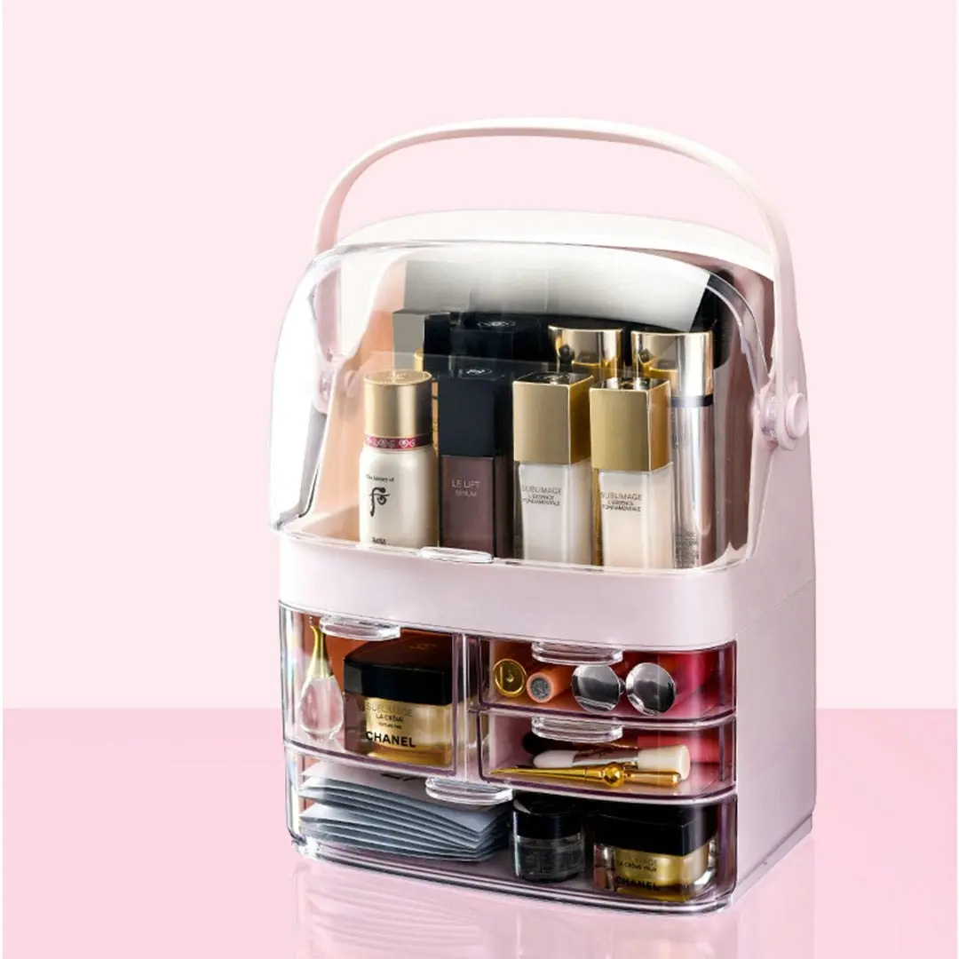 Soga 3 Tier Pink Countertop Makeup Cosmetic Storage Organiser Skincare Holder Jewelry Storage Box with Handle