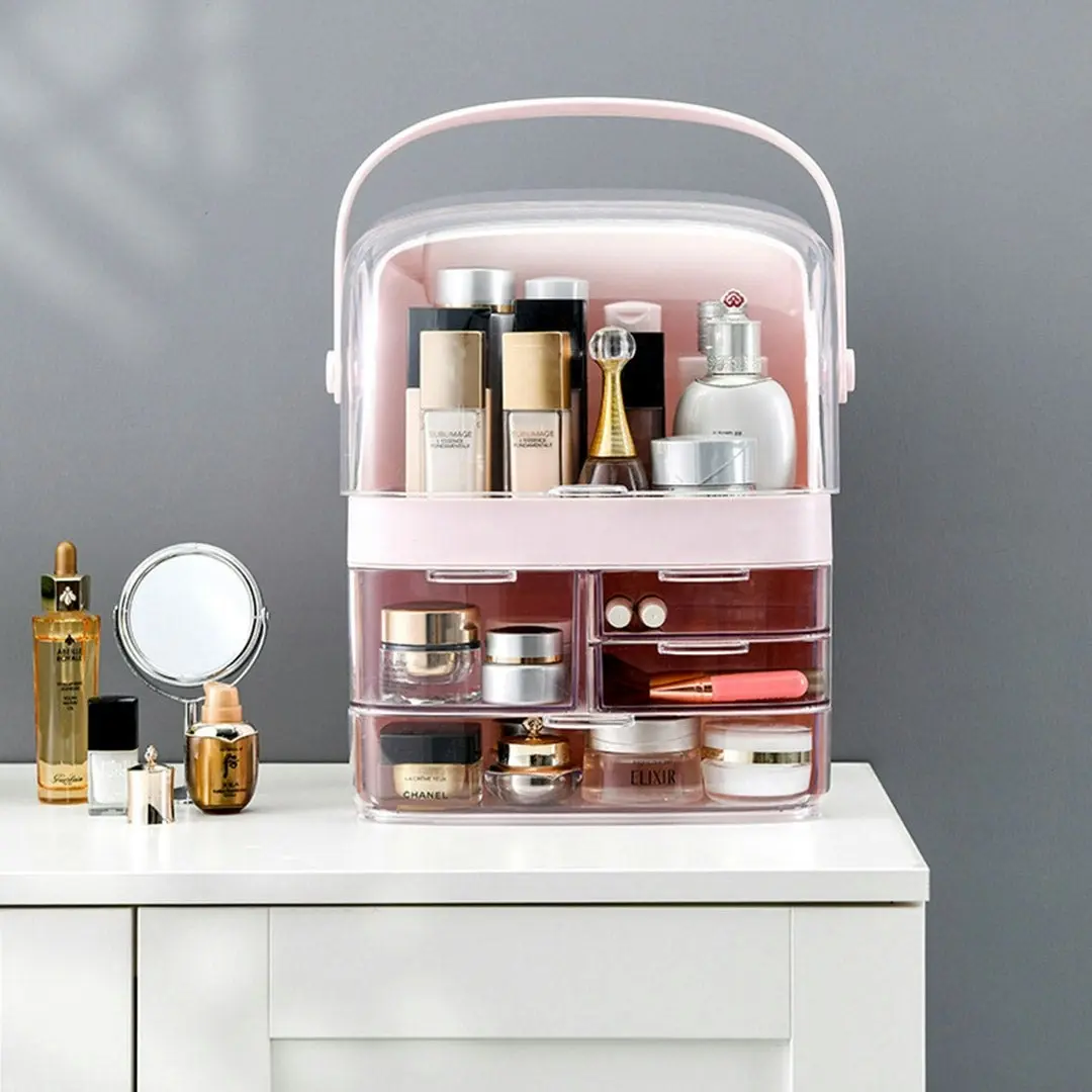 Soga 3 Tier Pink Countertop Makeup Cosmetic Storage Organiser Skincare Holder Jewelry Storage Box with Handle