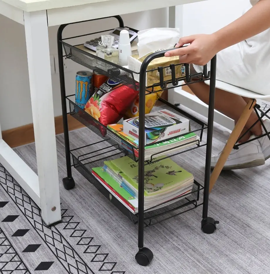 Soga 3 Tier Steel Black Bee Mesh Kitchen Cart Multi-Functional Shelves Storage Organizer with Wheels