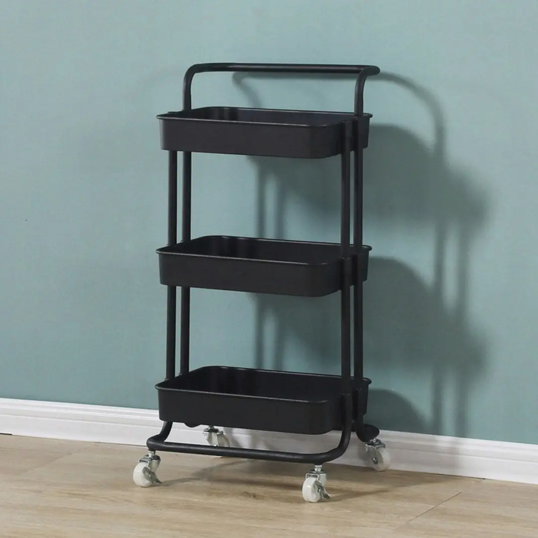 Soga 3 Tier Steel Black Movable Kitchen Cart Multi-Functional Shelves Storage Organizer with Wheels