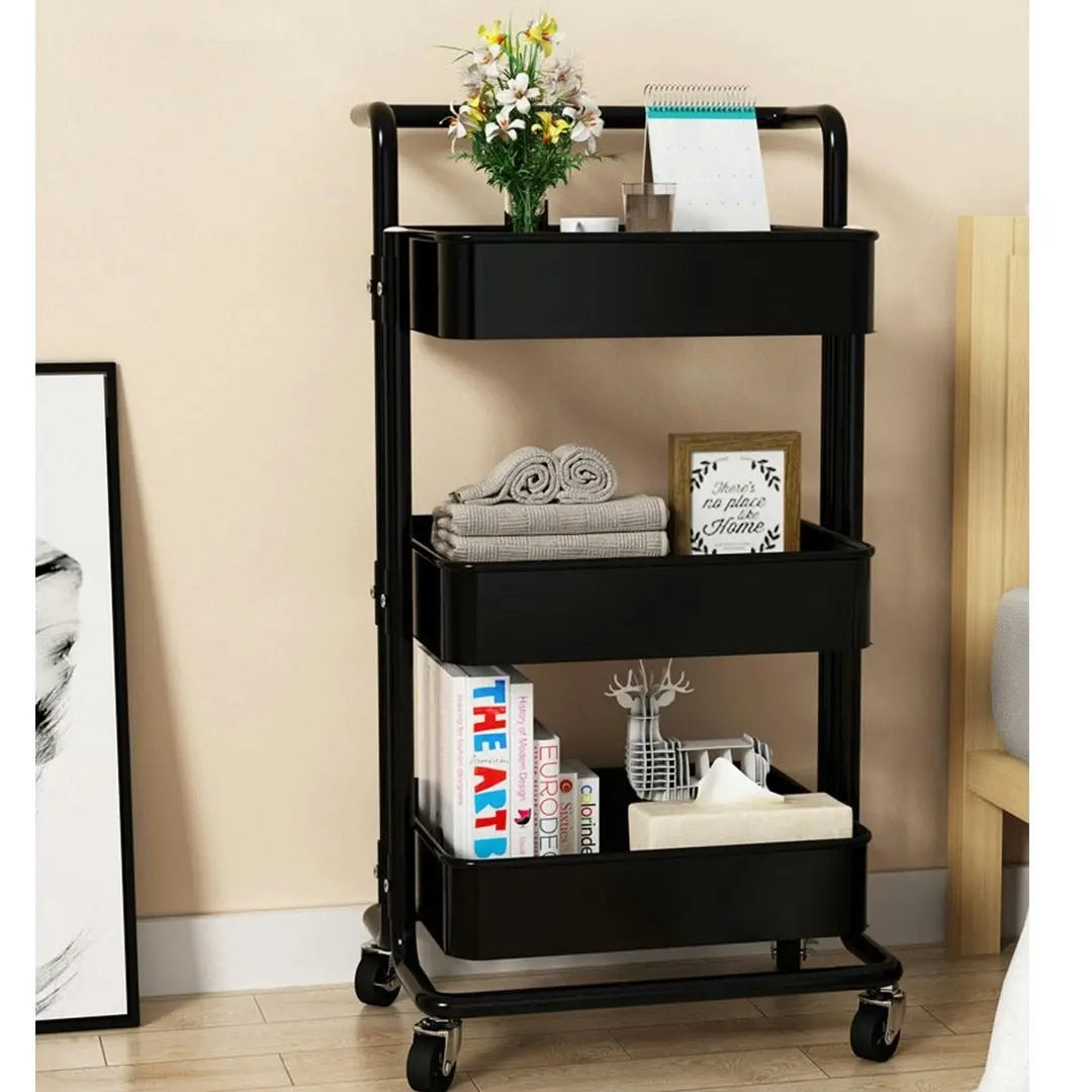 Soga 3 Tier Steel Black Movable Kitchen Cart Multi-Functional Shelves Storage Organizer with Wheels