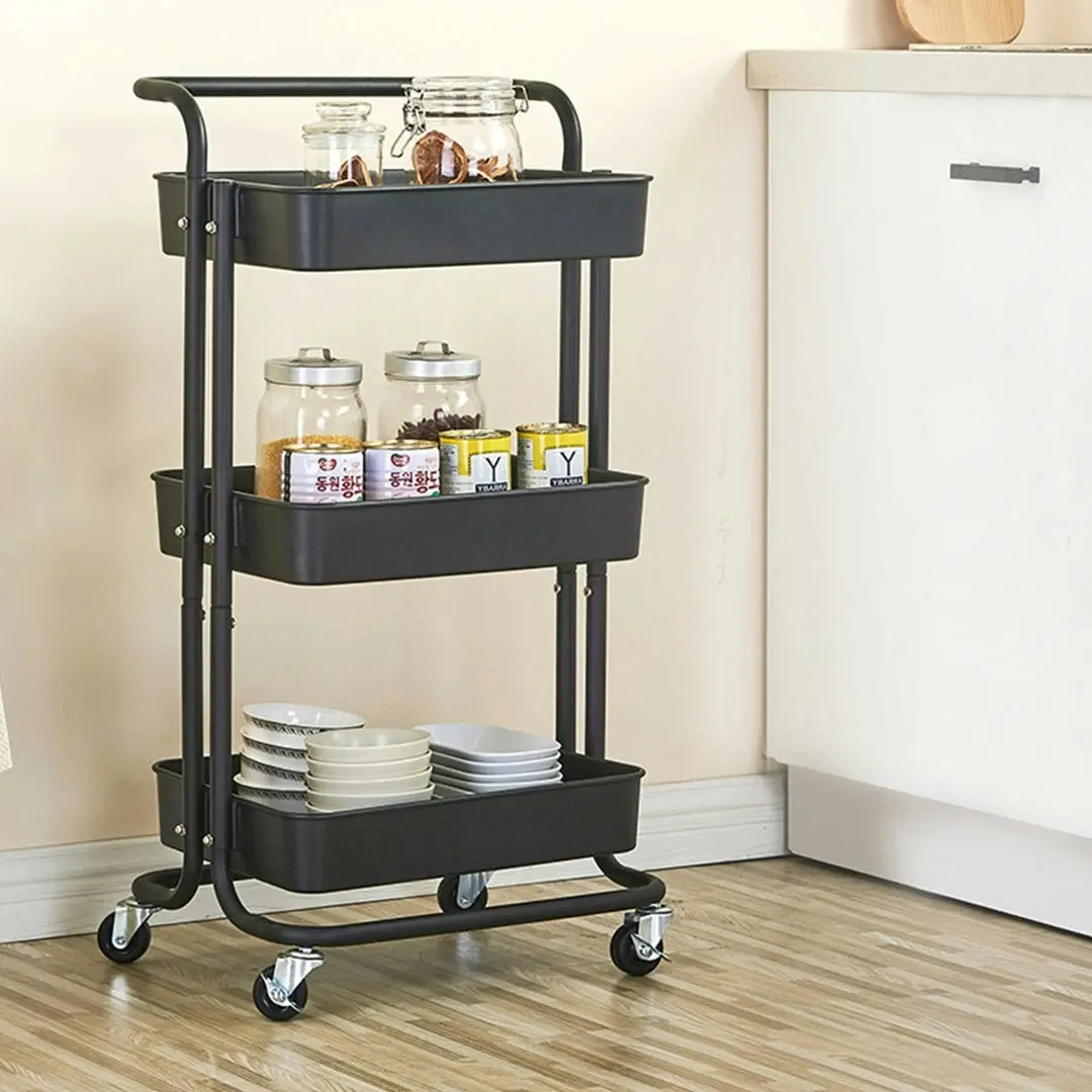 Soga 3 Tier Steel Black Movable Kitchen Cart Multi-Functional Shelves Storage Organizer with Wheels