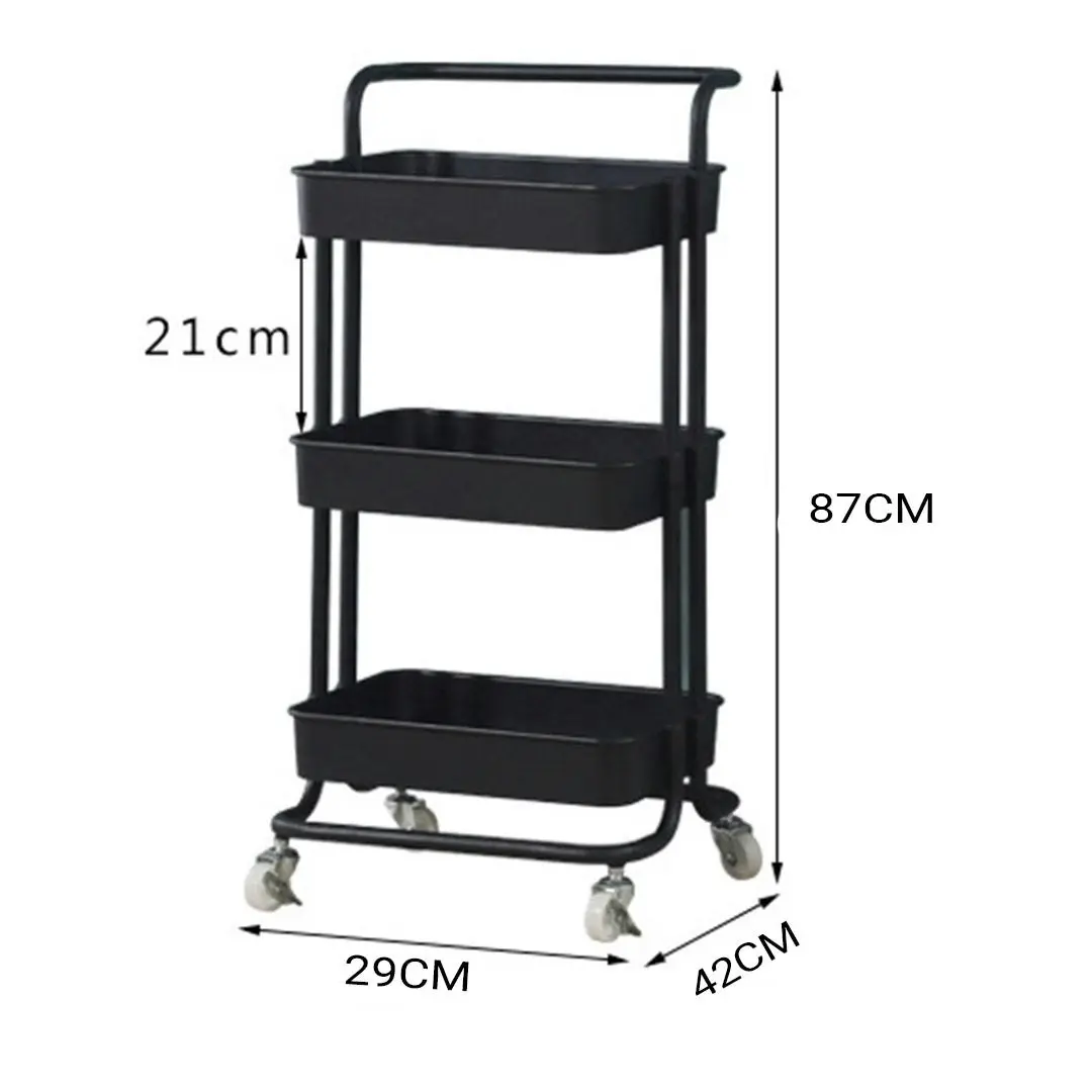 Soga 3 Tier Steel Black Movable Kitchen Cart Multi-Functional Shelves Storage Organizer with Wheels