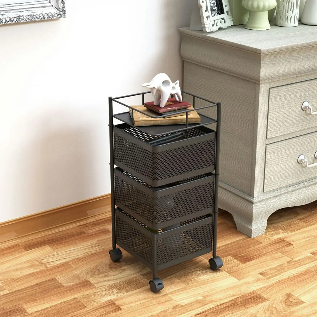 Soga 3 Tier Steel Square Rotating Kitchen Cart Multi-Functional Shelves Portable Storage Organizer with Wheels