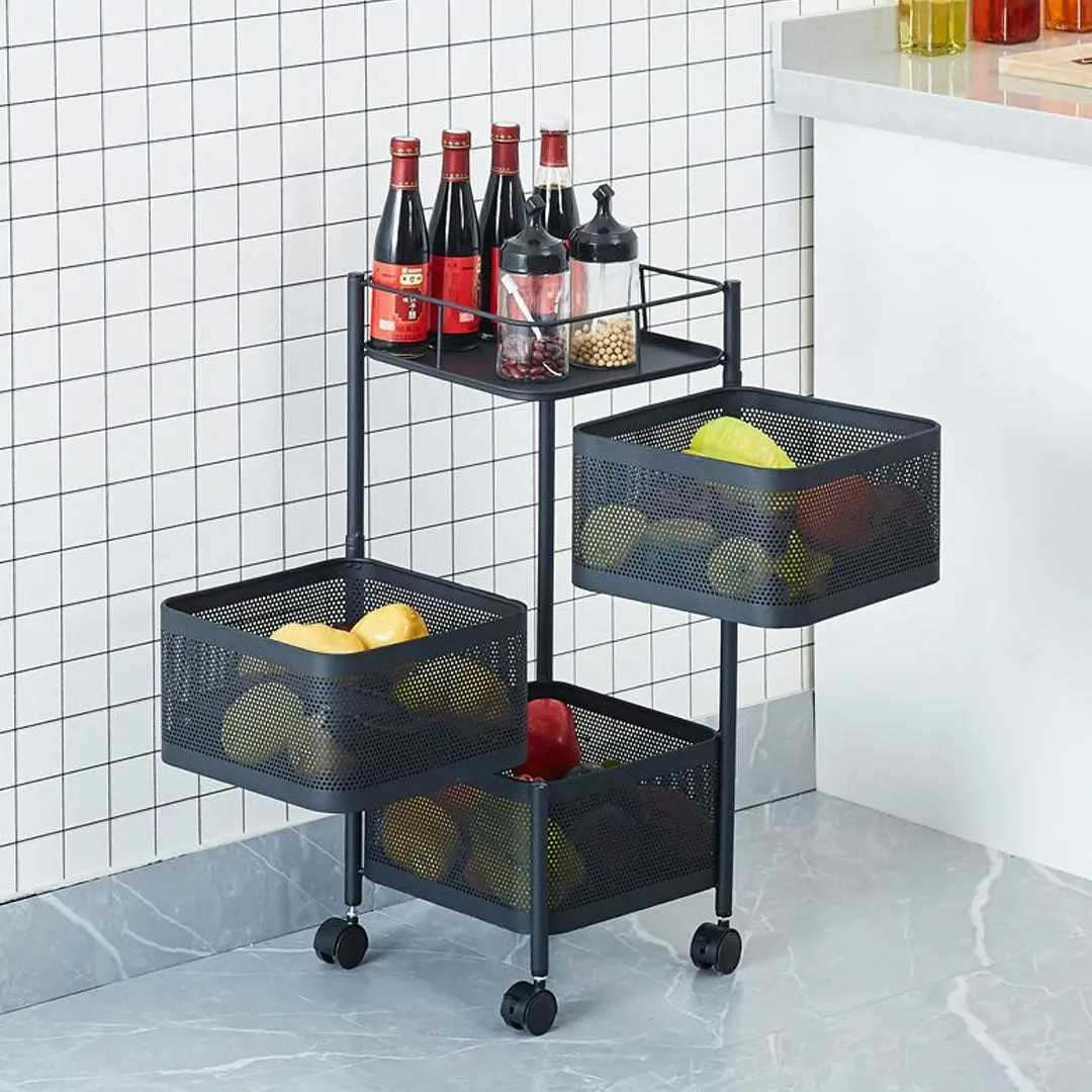 Soga 3 Tier Steel Square Rotating Kitchen Cart Multi-Functional Shelves Portable Storage Organizer with Wheels