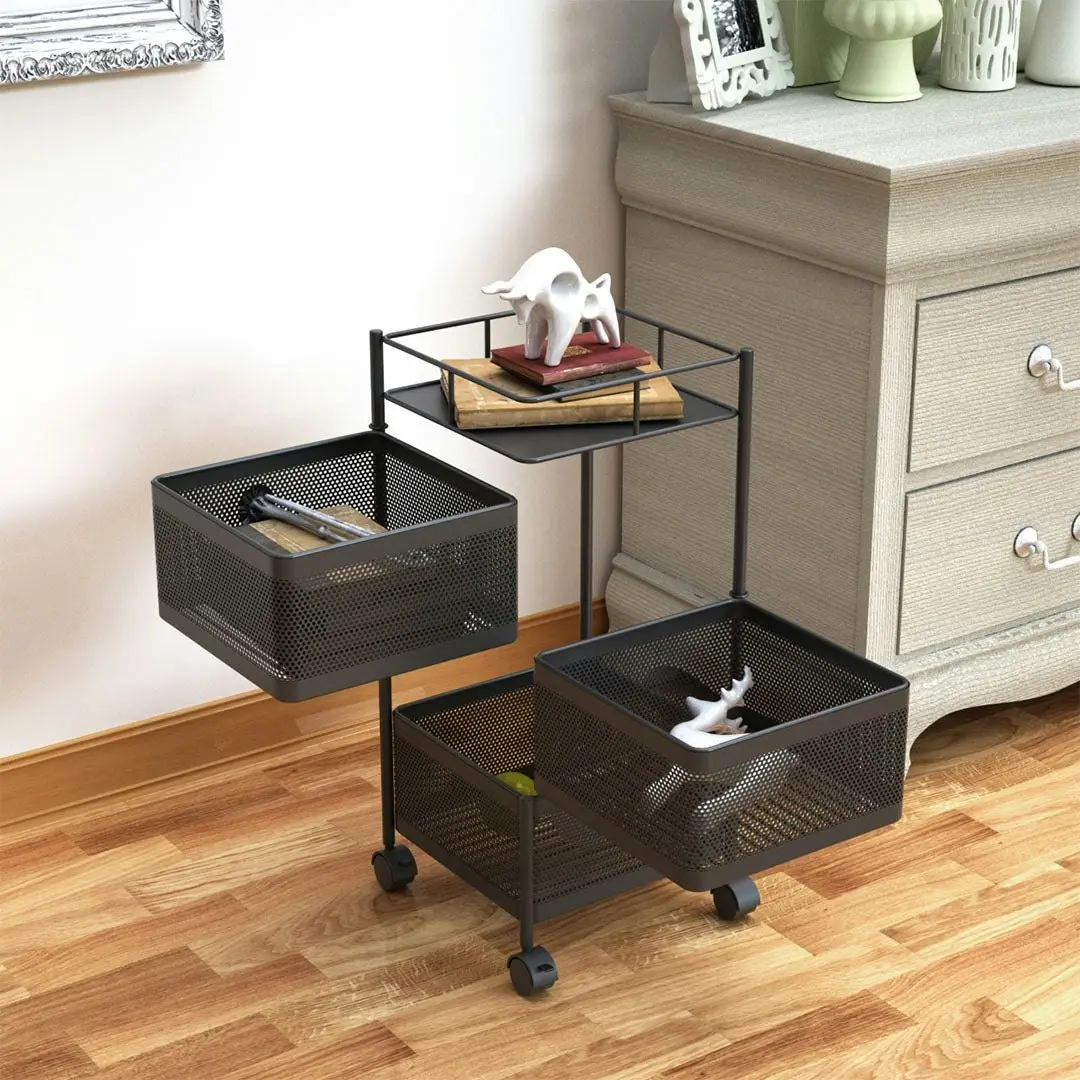 Soga 3 Tier Steel Square Rotating Kitchen Cart Multi-Functional Shelves Portable Storage Organizer with Wheels