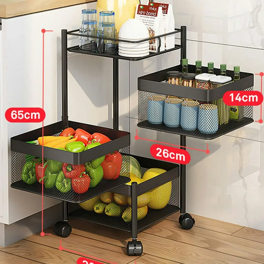 Soga 3 Tier Steel Square Rotating Kitchen Cart Multi-Functional Shelves Portable Storage Organizer with Wheels