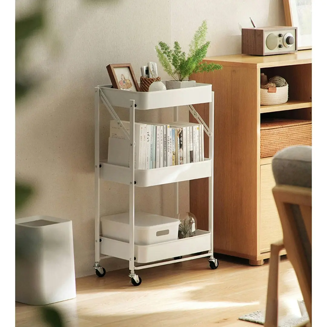 Soga 3 Tier Steel White Foldable Kitchen Cart Multi-Functional Shelves Storage Organizer with Wheels