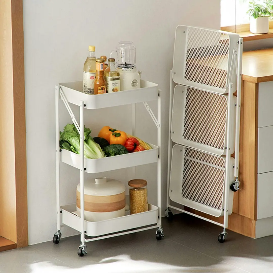 Soga 3 Tier Steel White Foldable Kitchen Cart Multi-Functional Shelves Storage Organizer with Wheels