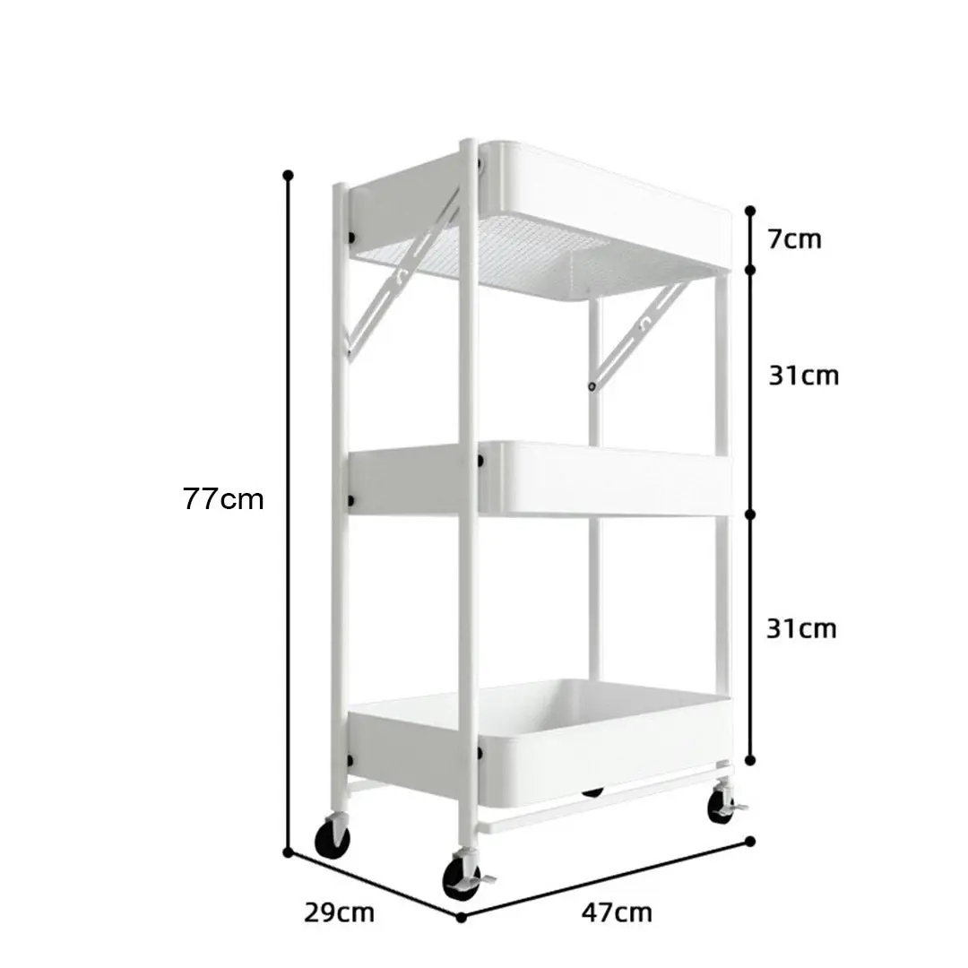 Soga 3 Tier Steel White Foldable Kitchen Cart Multi-Functional Shelves Storage Organizer with Wheels