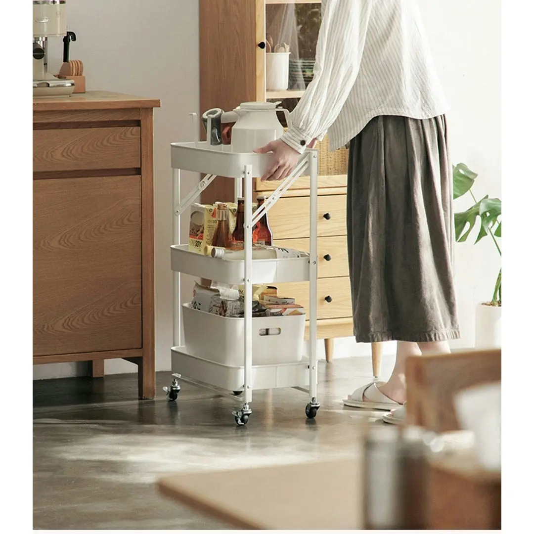 Soga 3 Tier Steel White Foldable Kitchen Cart Multi-Functional Shelves Storage Organizer with Wheels