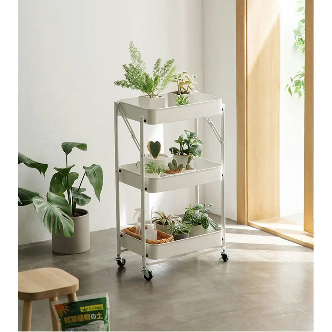 Soga 3 Tier Steel White Foldable Kitchen Cart Multi-Functional Shelves Storage Organizer with Wheels