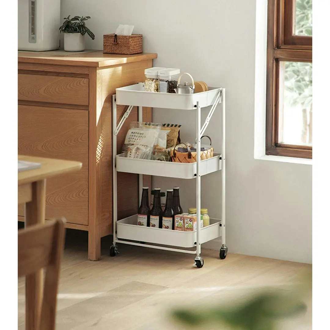 Soga 3 Tier Steel White Foldable Kitchen Cart Multi-Functional Shelves Storage Organizer with Wheels