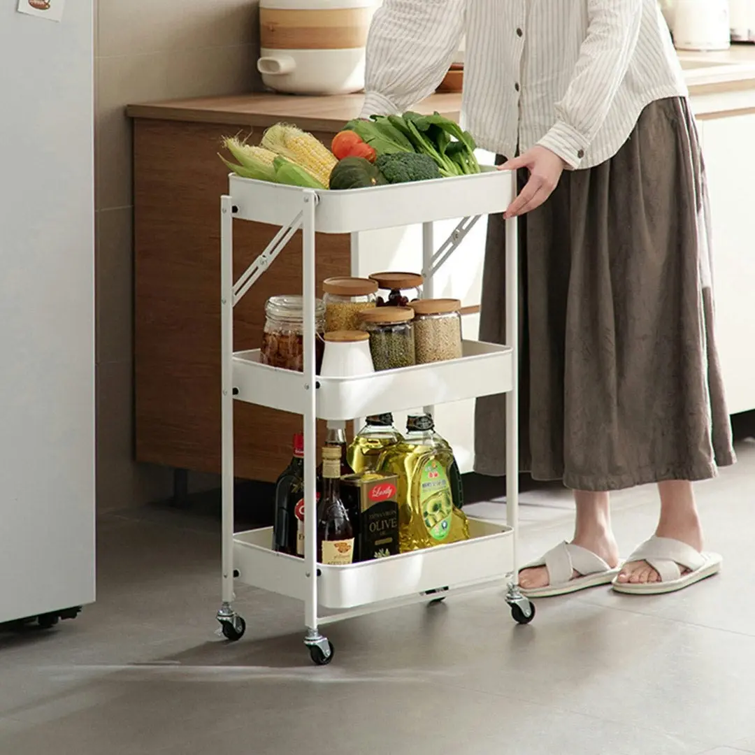 Soga 3 Tier Steel White Foldable Kitchen Cart Multi-Functional Shelves Storage Organizer with Wheels