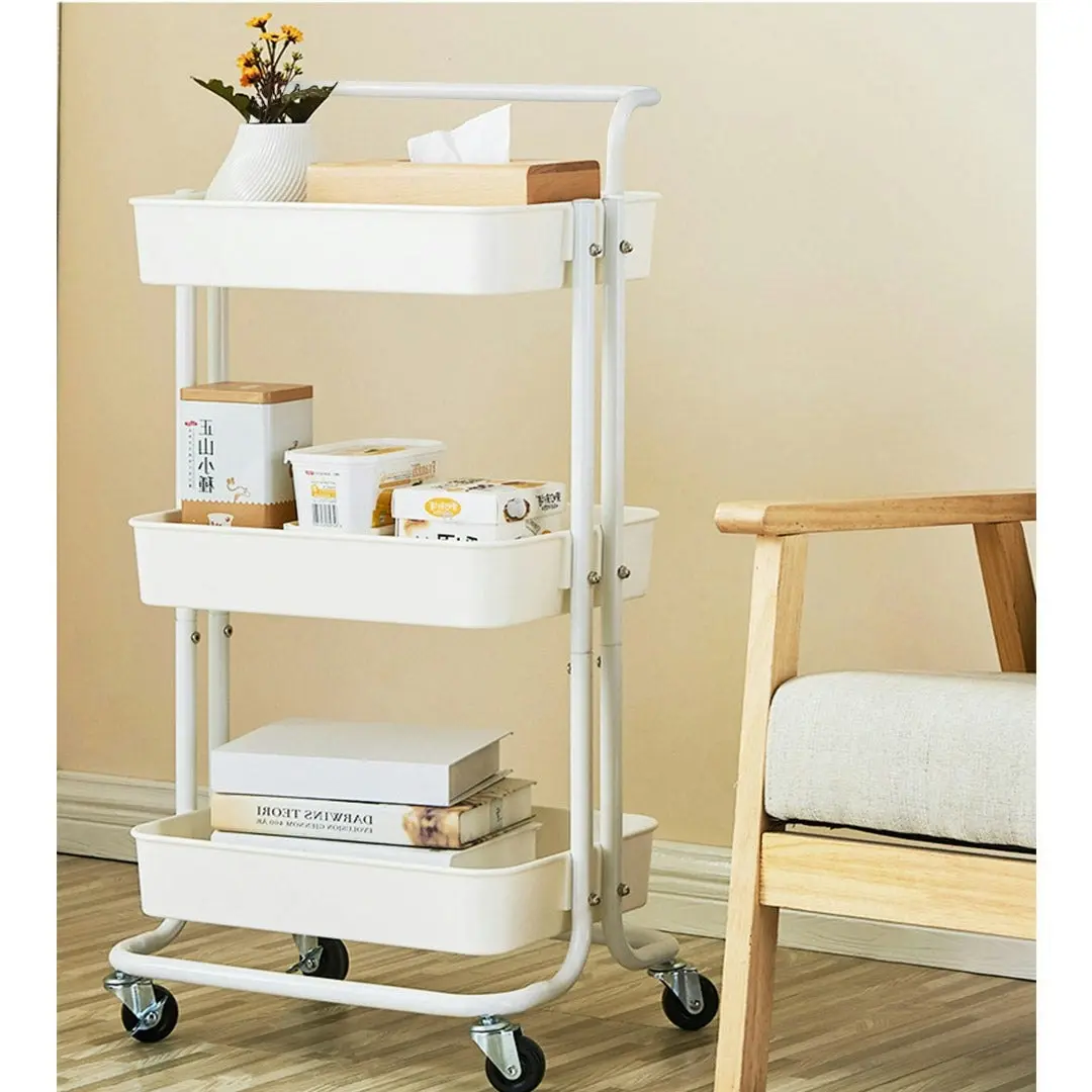 Soga 3 Tier Steel White Movable Kitchen Cart Multi-Functional Shelves Storage Organizer with Wheels